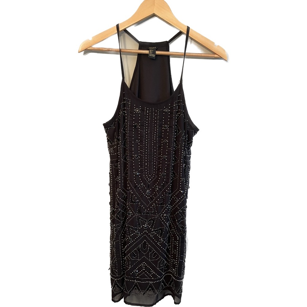 Black Strappy Beaded Mini Dress - Size M